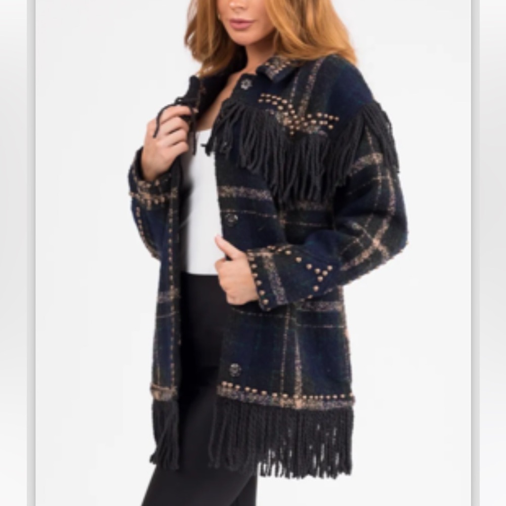 💕💚 Dark Spruce Plaid Jacket with Fringe & Studs💚💕 - Picture 2 of 4